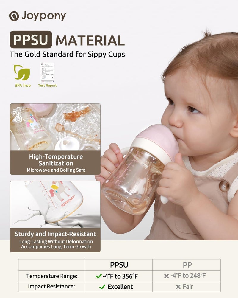 Joypony Sippy Cups for Toddlers 1-3, Spill Proof Weighted Straw Cup with Handle for Baby 6 Months + old, 2 Silicone Straws, PPSU, BPA Free, 9 oz (Pink) - Image 2